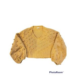 En Creme Womans Size S/M Mustard Crop Chunky Sweater Flounce Sleeve Crochet